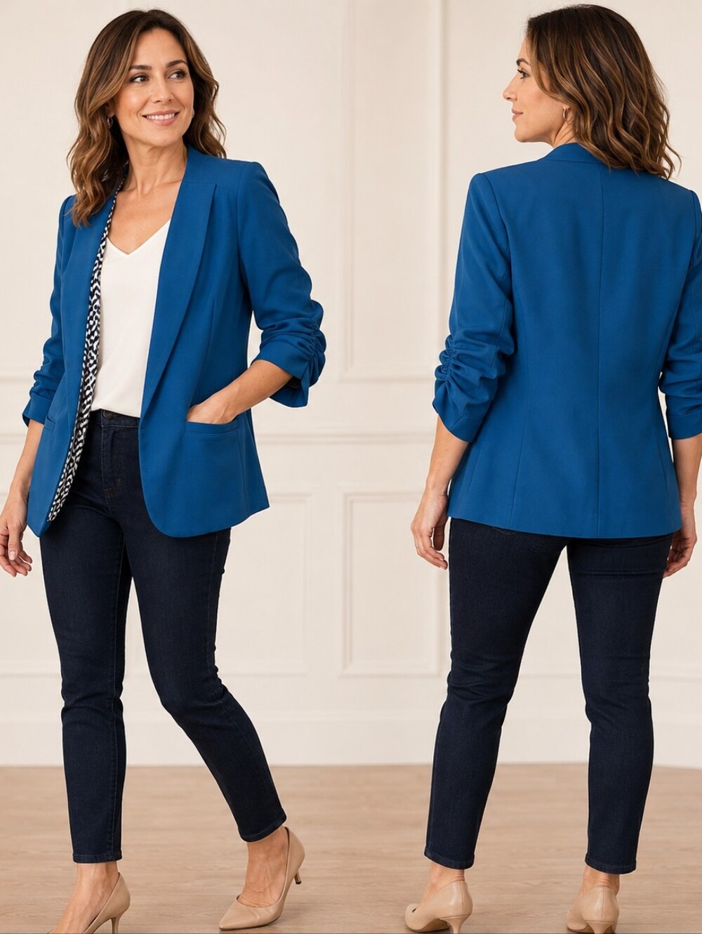 Skies Are Blue Teal Ruched Sleeve Blazer Size S Contemporary • Business Casual •
